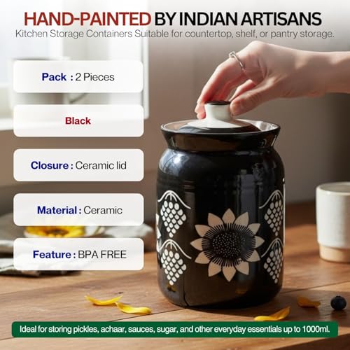 Image of Black Grapes Printed Ceramic Handglazed Pickle Jars Set of 2-1000 ML Each | 1 kg Achaar Martban Barni Jar with Lid | Ceramic Storage Jar Container Pickle, Chatney