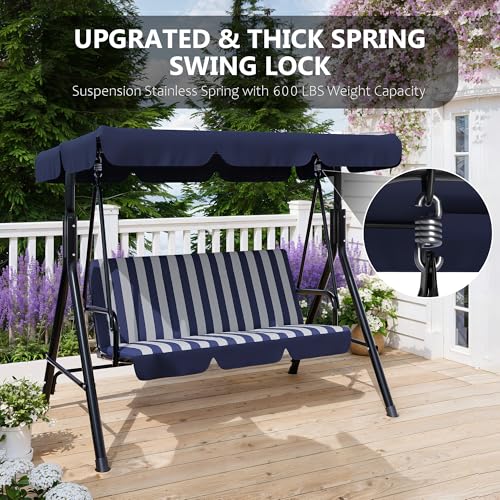 Image of Garvee Outdoor Porch Swing with Adjustable Canopy, 3-Seat Patio Swing Chair with Stand, Heavy Duty Outdoor Swing for Adults, Metal Frame Patio Swing for Garden, Backyard & Poolside,Striped Blue
