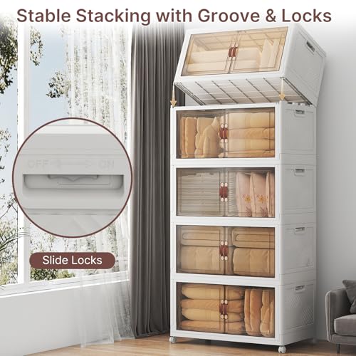 Image of UAMFURI Stackable Storage Bins with Lids, 900QT Lockable Storage Cabinet | Folding Storage Box with Doors and Wheels, Collapsible Plastic Drawers for Home, Garage, Office