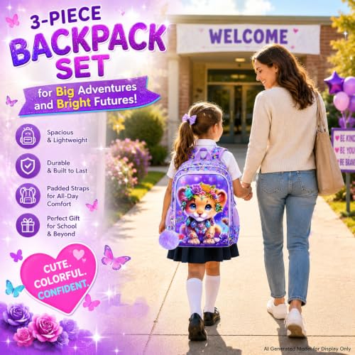 Image of 3Pcs Backpack for Girls, 16 inch Kids Bookbag with Lunch Box,Lion School Backpacks for Elementary Preschool Kindergarten (Purple)