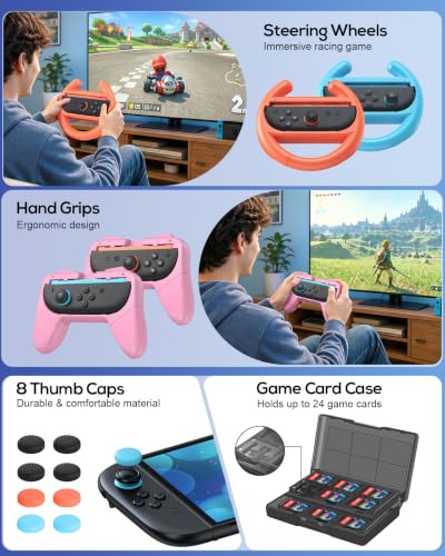 Image of Switch 2 Case Pink and Pro Style Controllers Accessories Girly, Bundle for Nintendo Switch 2 Console,FYOUNG 23 IN 1 Kit:Carrying Case,Protective Shell,Grip for Joycon,Steering Wheel