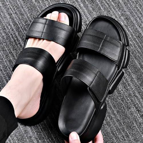 Men's Leather Slip-On Chunky Platform Non-Slip Sandals Fashion Round Open Toe Wide Double Strap Soft Bottom Slide Sandals Summer Walking Beach Slides2