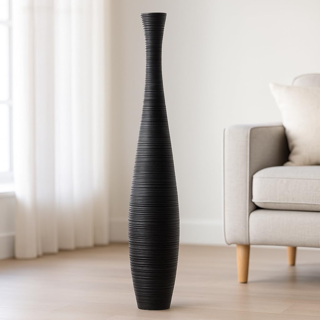 Leewadee Large Black Home Decor Floor Vase - Wooden 105 cm Tall Farmhouse Decor Flower Holder For Fake Plant And Pampas Grass