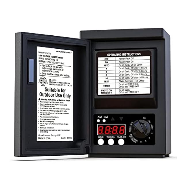 GOODSMANN Low Voltage Transformer 120W Outdoor Lighting Transformer for Landscape Lights with Photo Eye Sensor and Timer 120V AC to 12V AC 9920-9120-01