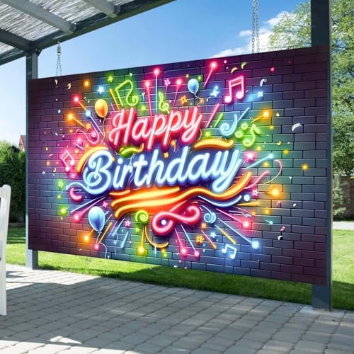 10X6.5FT Neon Happy Birthday Banner Backdrop Party Decorations Birthday Photo Backdrop Glow in The Dark Birthday Party Banner Music Sign Fireworks Brick Wall Photo Background Props ZHTAOYH ZH071 - image 4