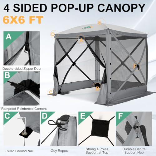Image of COBIZI 6x6 FT Pop up Gazebo, Popup Canopy Tent, Waterproof Screened in Gazebos,Portable Outdoor Small Screen Tents Sun Shelter,carpas para Patio for Camping, Garden and Backyard,Gray