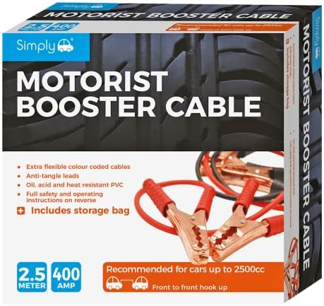 Simply SM400B Boxed Motorist Jump Leads Booster Cable 400AMP 2.5M Long Anti-tangle leads Oil acid and heat resistant PVC Fully Insulated Metal Clips and Operating Instructions