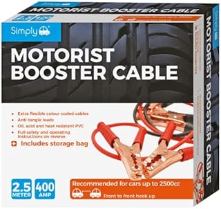 Simply SM400B Boxed Motorist Jump Leads Booster Cable 400AMP 2.5M Long Anti-tangle leads Oil acid and heat resistant PVC Fully Insulated Metal Clips and Operating Instructions