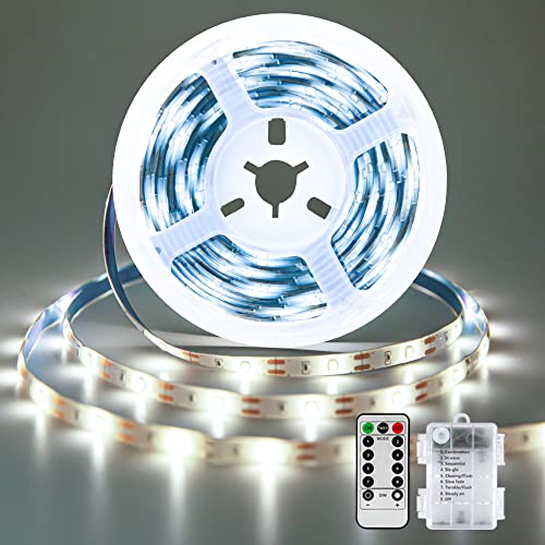 Ruban LED Alimenté par pile - 2M 60 LED Ruban à Pile, Ruban Led Avec Telecommande, Bandes Lumineuses Adhésives, 8 Modes, Blanc Froid Bande Dimmable LED Lumineuse pour Chambre Cuisine Décoration Cover
