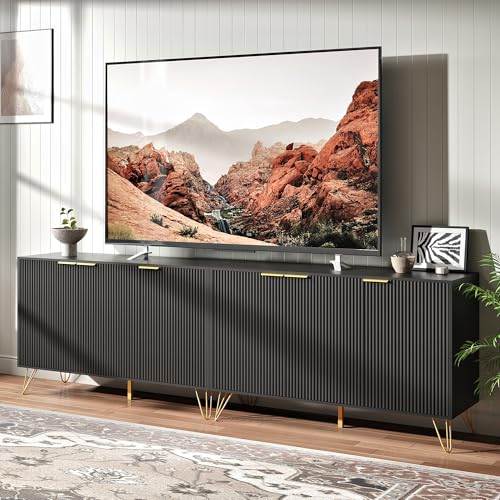 Fluted TV Stand for 100 Inch TV,Black TV Stands for Living Room,Modern Entertainment Center with Storage Cabinets,Adjustable Shelves & Gold Handles,Wood Media Console for Living Room