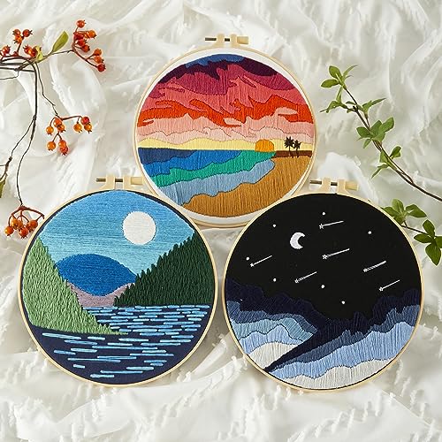 Image of Armindou Embroidery Kit for Beginner Adults, Stamped Cross Stitch Kits for Adult Beginners, Needlepoint Hand Embroidery Starter Kit with landscape Pattern, 3 Embroidery Hoop, 3 Set Embroidery Supplies