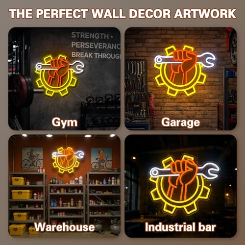 Image of Wrench Neon Sign for Wall Decor - USB Powered LED Garage Sign with Dimmer, Car Room Accent Light, Auto Repair Workshop Wall Lamp, Man Cave Neon Decor, Gift for Dad or Car Enthusiast 13 inchx14.3 inch