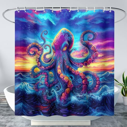 AILONEN Octopus Shower Curtain Set,Cartoon Octopus Bath Curtains Set for Kids Girls Boys,Sea Animal Theme Waterproof Shower Curtain Set with Hooks for Bathroom Decor,72