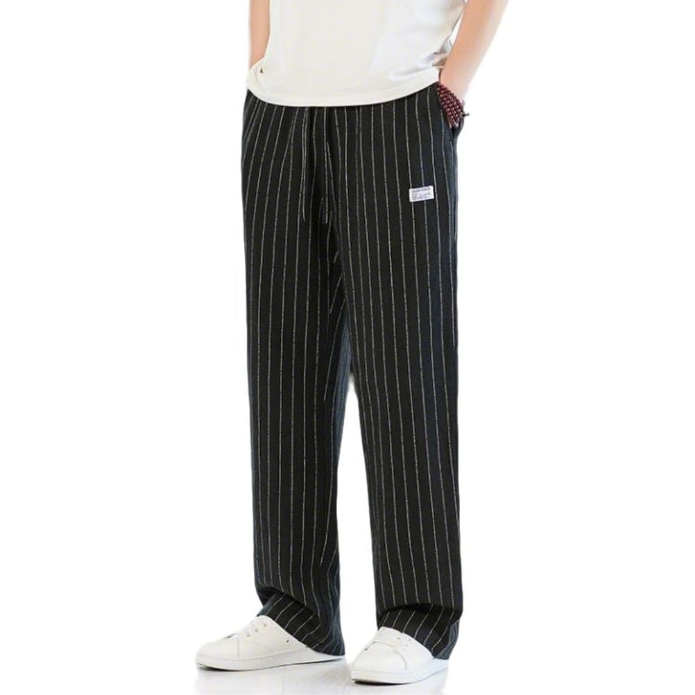 Pantaloni A Righe Da Uomo Leggero Casual Elastico in Vita Coulisse Ampio Gamba Larga Estate Dritto Pantaloni Di Lino