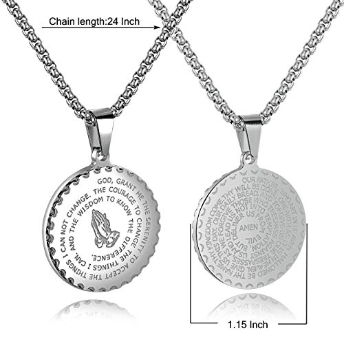 Rehoboth Stainless Steel Coin Medal Our Father Lord's Prayer Cross Pendant Necklace for Women Men Prayer Hands Coin Medal Pendant 24" Chain Black Gold Silver2