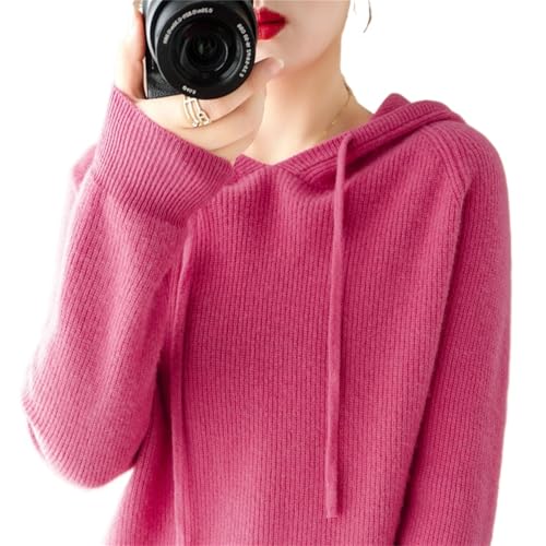 Image of Womens Cashmere with Pullovers,Winter Casual Knitting Hoodie Fashion Sweater,Fall Drawstring Thick Sweater (Rose Red,M,Medium)