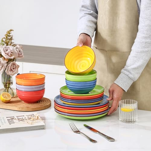 Image of Selamica Ceramic Plates and Bowls Sets,18 Pieces Dinnerware Sets for 6,Dishwasher & Microwave Safe dish set,Family & Holiday Dining, Dopamine