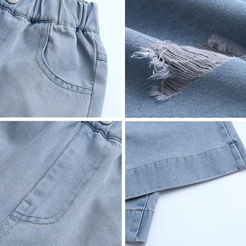 Viatabuna Baggy Ripped Jeans for Girls High Elastic Waist Wide Leg Distressed Denim Pants Kids Cute Pull On Jeans 5-14 Years3