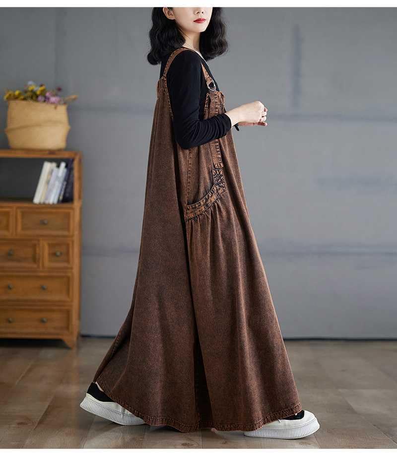 Image of Boho Jumper Dress for Women Loose Overall Pinafore Dresses Adjustable Straps Wide Hemline with Pockets Baggy Style