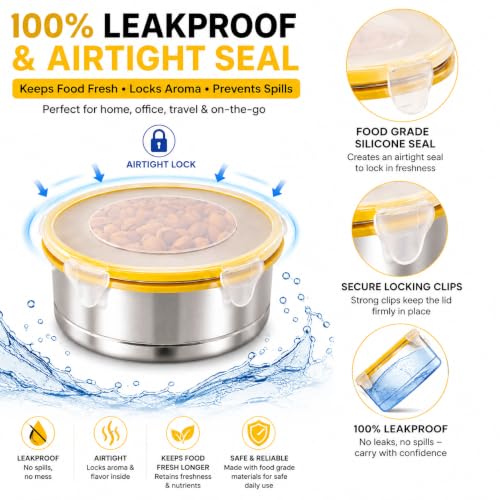Image of Stainless Steel Airtight Round Container with Leak Proof Lid | BPA Free Food Storage Lunch Box Dabba for Office College School Home Travel | Tiffin Box (5.10 x 10.5cm size) | Pack of 2,Yellow