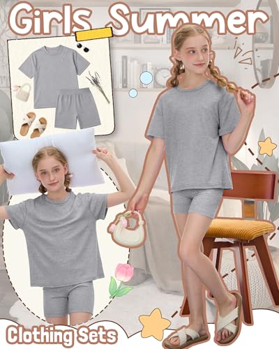 Image of Oakgarden Girls 2 Piece Outfits School Clothes | Back to School, Travel, Summer, Casual Sets, Athletic, Short Sleeve Top, Bike Shorts, Tween, Trendy, Matching Clothing, 5-14Y