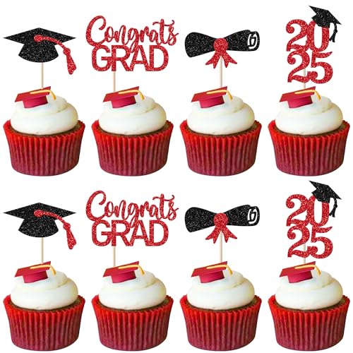 Xsstarmi Lot de 24 décorations de cupcakes à paillettes pour remise de diplôme de la classe de 2025 - Noir et rouge