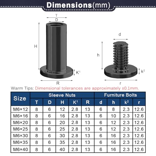 Drenky 10 Stück Hülsenschrauben M6 Verbindungsschrauben Schwarz Edelstahl A2 V2A Möbelschrauben M6 x 12mm Hülsenmutter für Möbeln, Schränken, Holzbret (10 x Möbelschrauben, 10 x Hülsenmutter)