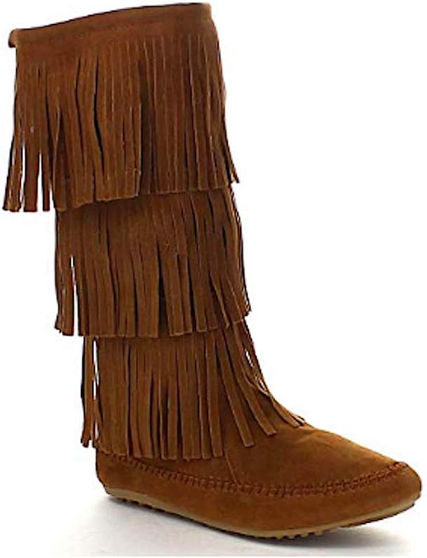 Women's Moccasin Layered Fringe Tall Tassle Dress Boots in Black, Camel