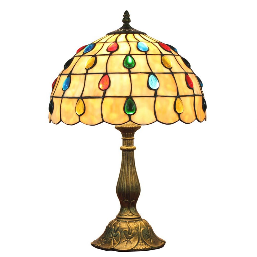 CNSXHAO Tiffany Style Table Lamp, 12 inch Stained Glass Desk Lamp, E27 Vintage Bedside Reading Light for Bedroom Study Room Office, Multicolored Droplets