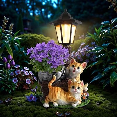 YEPOTUE Solar Cat Outdoor Statues, Garden Sculptures with Flowerpot Decor & Solar Lantern for Yard Art Lawn Ornaments Porch Patio Balcony - Idea Gifts for Women Mom Grandma