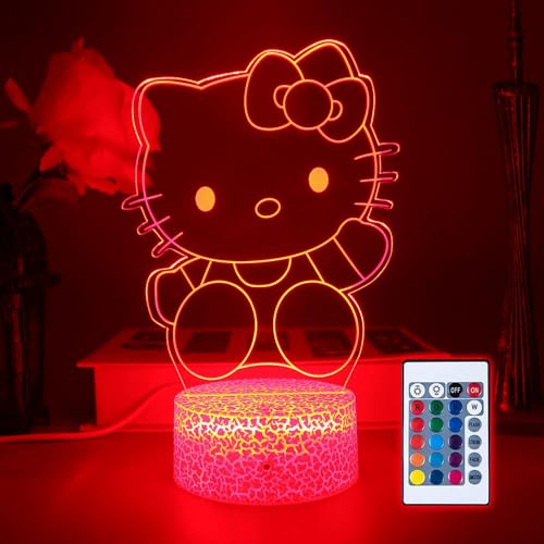 Anime Cute Cat 3D Night Light 16 Colors Changing Remote Cracked Base Control-Kitty Figure Illusion Led Lamp for Boys/Girls/Kids/Fans Gifts for Christmas Birthday