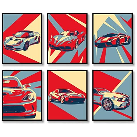 DUODUOZCF Car Wall Art Retro Prints Wall Decor Set of 6 Canvas Classic Posters Blue and Red Vintage Photos Pictures Illustration for Home Office Bedroom Livingroom (A, 8"x10" UNFRAMED) Cover