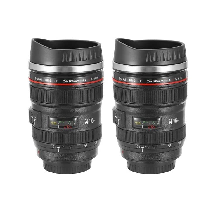 E-TECH (2Pack) Camera Lens Coffee Mug, Comes With A Musical Note Spoon, Novelty Stainless Steel Camera Lens Mugs For Music Lover Photographer Filmmaker, Black