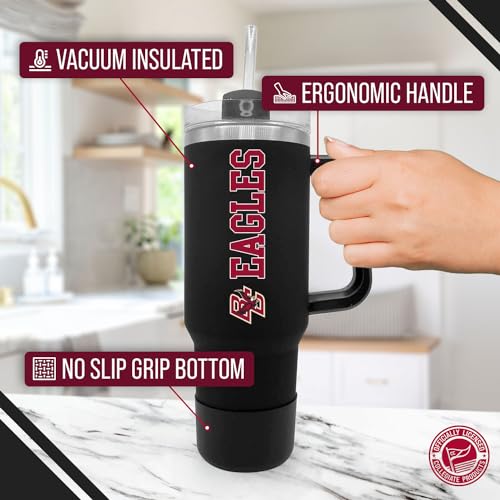 Image of Boston College Eagles 40 oz Tumbler with Handle and Straw - Black | Officially licensed Boston College Eagles insulated tumbler - Go Eagles; vacuum-sealed stainless steel; straw included