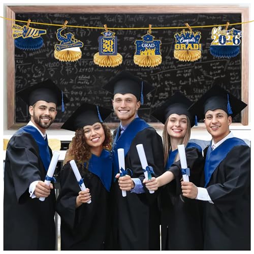 Image of 2026 Graduation Party Decorations - 8 Pcs Blue Gold Class of 2026 Graduation Party Table Decor Honeycomb Centerpieces for Tables Congratulate for 2026 Congrats Grad Party Supplies