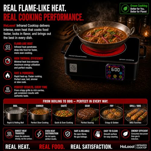 Image of Infrared Cooktop Cooka Smart LPG Gas & Induction Chulha Alternative | Dual Heating Zone with 20 Min Heat Storage |Energy Efficient |BBQ Grill Rack |Works All Vessels Earthen Pot Brass | 2000 W | BLACK