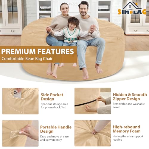 6FT Bean Bag Chair, Large Bean Bag Chairs with Memory Foam Filled, Fluffy Beanbag Sofa with Dutch Velvet Cover, Round BeanBag Chairs for Living Room, Playroom - Khaki