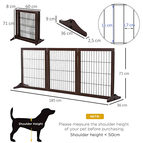 PawHut Absperrgitter Hund Freistehendes Schutzgitter mit Füßen 185 x 71 cm Holz Hundegitter Treppenschutzgitter Treppengitter Hundeabsperrgitter für Treppen, Türen, Küche, Flur, 3 Paneelen, Braun