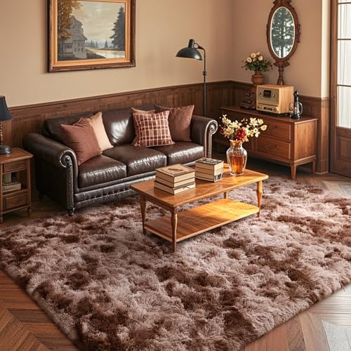 5x7 Brown Rugs for Living Room Fluffy Fur Bedroom Area Rug,1.7'' Thick Rustic Plush Non-Slip Dark Carpet for Book Room Office,Coffee Stain Resistant