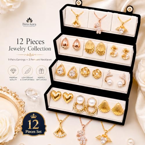Image of BinsAura 12 Piece Jewellery Gift Set for Women with Premium Jewellery Box | 9 Korean Stud, Hoop & Drop Earrings + 3 Pendant Necklace Set | Fashion Jewellery Combo for Girls | Birthday, Anniversary, Wedding Gift
