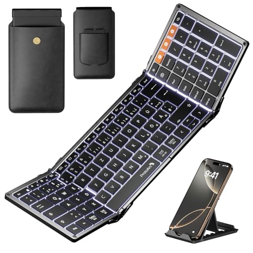ProtoArc Faltbare Tastatur Beleuchtet, XK01 Plus Bluetooth QWERTZ Klappbare Tastatur mit Ziffernblock mit 3 Kanälen für iPad iOS Android Windows Laptop PC - Schwarz