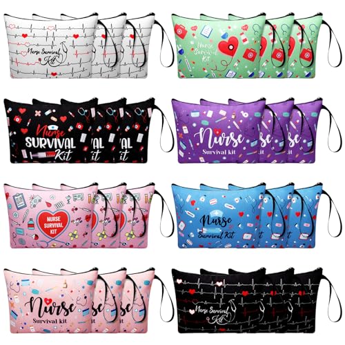 Huhumy 24 Pack Nurse Cosmetic Bags Bulk Nursing Survival Kit Canvas Zipper Pouch Bags Novelty Thank You Gift for Nurse Week Healthcare Workers 2025 Nursing Graduation