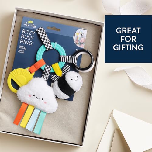 Image of Itzy Ritzy Teething Activity Toy - Bitzy Busy Ring Infant Teething Toy Features Braided Ring & Dangling Toys, Includes Teether, Ribbons, Crinkle Sound & Jingle Bell - 0 Months & Up (High Contrast)