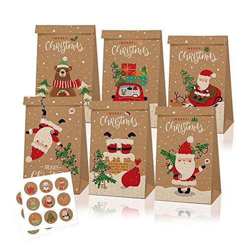 Papier D'emballage de Noël en Papier Kraft, Sacs-cadeaux en Papier Dans un Paquet de 24 sacs Avec 36 Autocollants de Noël Pour les Articles de Noël (12-Gift Bag) Cover