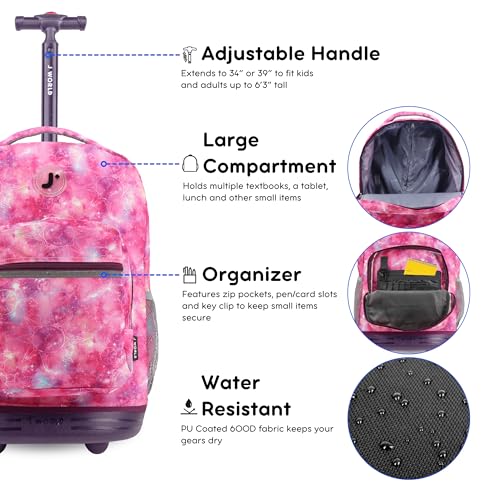 Image of J World Sunrise Kids Rolling Backpack with Wheels for Girls Boys, Roller Bookbag for School, 18 x 13 x 9 Inches, Purple Galaxy