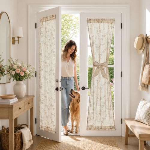 Image of jinchan Taupe Linen Floral French Door Curtains 72 Inch Rod Pocket 2 Panels
