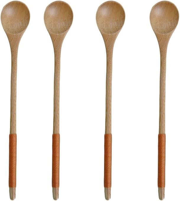 Wooden Coffee Tea Spoon with Kusunoki Lines Long Handle Mixing Spoon,8 - Inch, 4 Psc