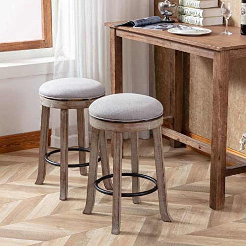 Lukealon Farmhouse Linen Fabric Round Bar Stools Set Of 2, 360° Swivel 25.6” Counter Height Stools With Solid Wood Legs Backless Low Barstools With Footrest For Home Bar Kitchen Island, Grey #TOP7