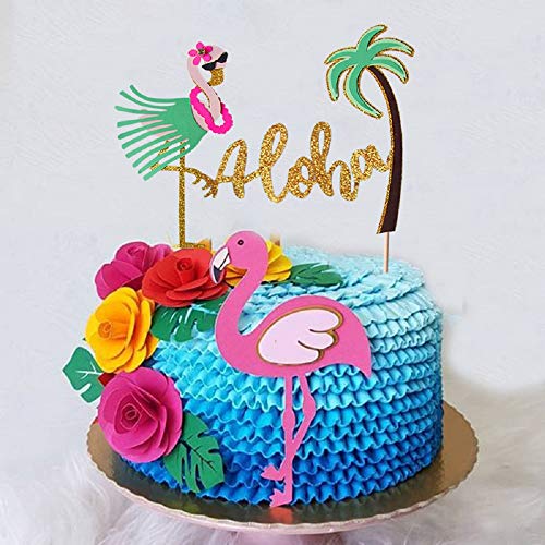 Laventy 2 Pcs Glitter Aloha Cake Topper Flamingo Cake Toppers Flamingo Happy Birthday Cake Decoration Tropical Hawaiian Luau Themed Party Supplies #TOP6