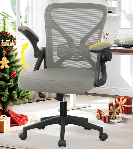 YONISEE Office Chair, Ergonomic Desk Chair with Adjustable Padded Lumbar Support, 90°Flip-up Armrests, Mid-back Mesh Chair with Comfy cushion for Home Office
